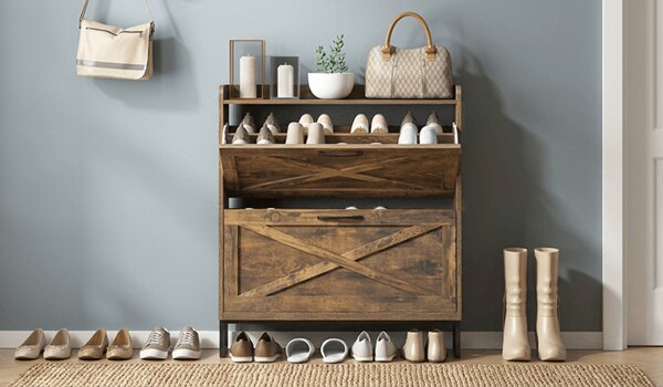 An entryway shoe bench