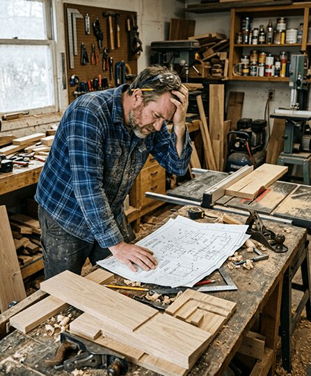 A frustrated woodworker reading a plan at his bench