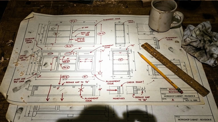 A shop-tested plan with notes and corrections on the workbench