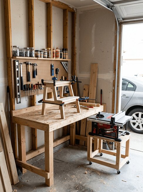 A small one-car garage workshop with a workbench and tools on the wall