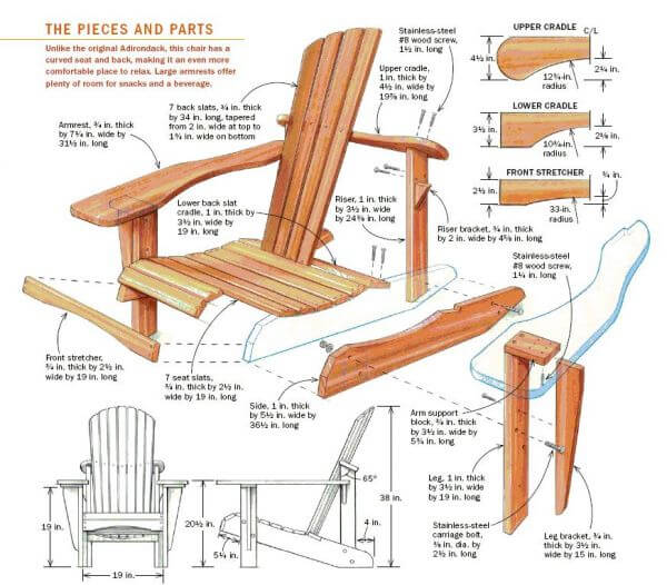 A drawing of an Adirondack chair broken into its pieces and parts