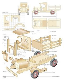 A plan drawing of a wooden toy truck broken into its parts