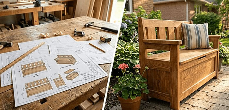 Woodworking plans on the bench next to the finished storage bench